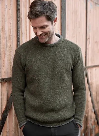 Donegal Fleck Wool Cashmere Roundstone Contrast Sweater in Loden Green